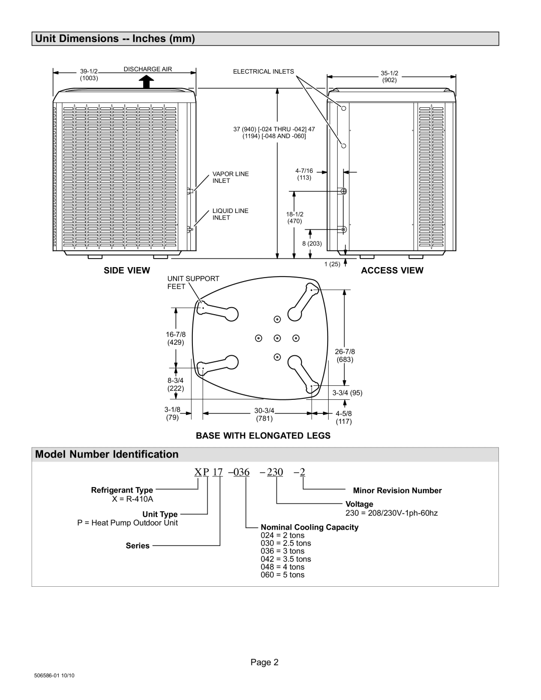 Lennox International Inc 506586-01 Unit Dimensions −− Inches mm, Model Number Identification, Side View Access View 