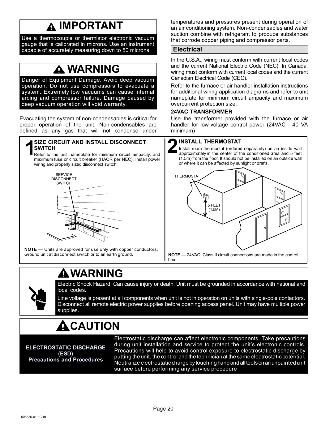 Lennox International Inc 506586-01 Electrical, 24VAC Transformer, Size Circuit and Install Disconnect, 2INSTALL Thermostat 