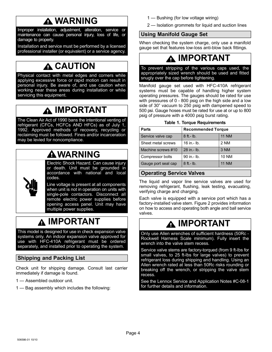 Lennox International Inc 506586-01 Shipping and Packing List, Using Manifold Gauge Set, Operating Service Valves 