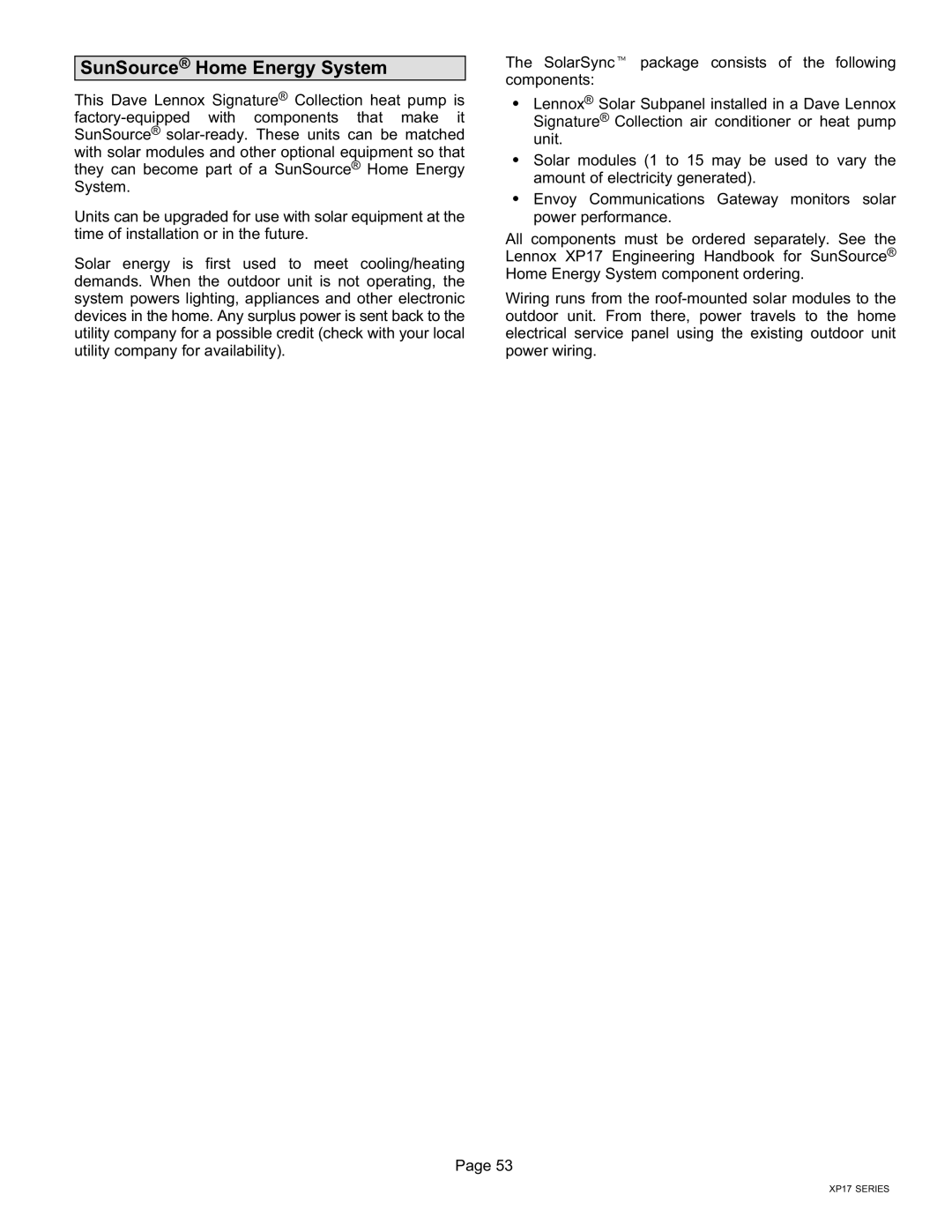Lennox International Inc Dave Lennox Signature Collection XP17 System HEAT PUMPS, 506586-01 SunSource Home Energy System 
