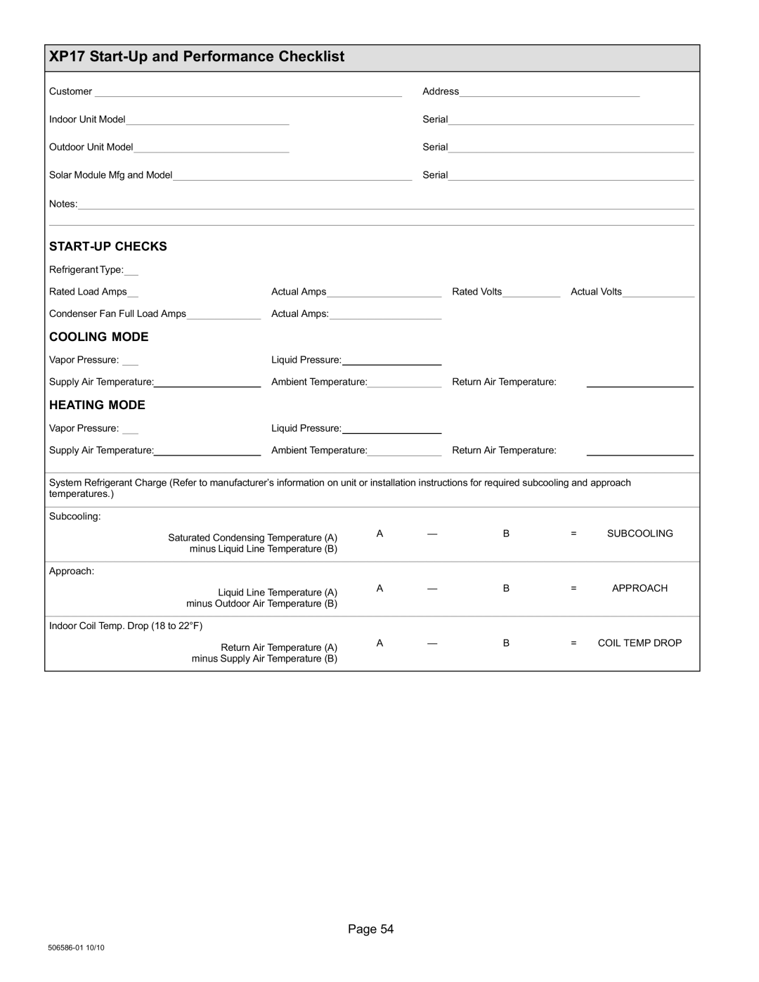 Lennox International Inc 506586-01 XP17 Start−Up and Performance Checklist, START−UP Checks, Cooling Mode, Heating Mode 