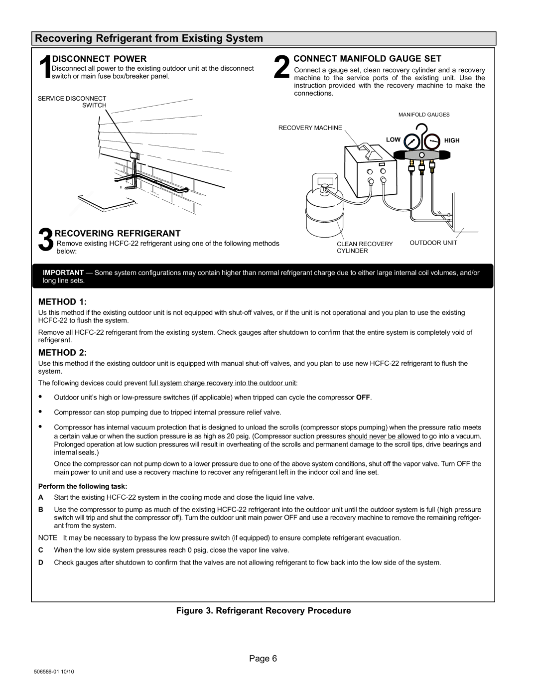 Lennox International Inc 506586-01 Recovering Refrigerant from Existing System, 1DISCONNECT Power, Method 