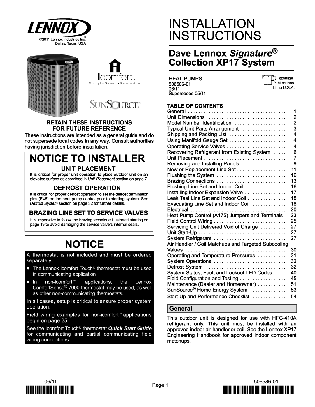 Lennox International Inc Dave Lennox Signature Collection XP17 System HEAT PUMPS installation instructions 2P0611, General 