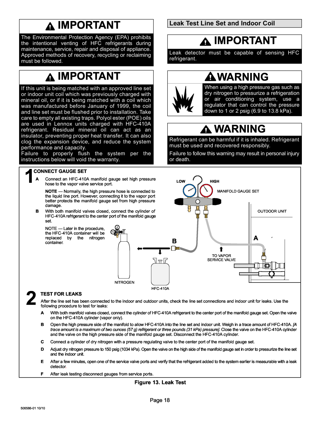 Lennox International Inc 506586-01 installation instructions Leak Test Line Set and Indoor Coil, Leak Test Page 