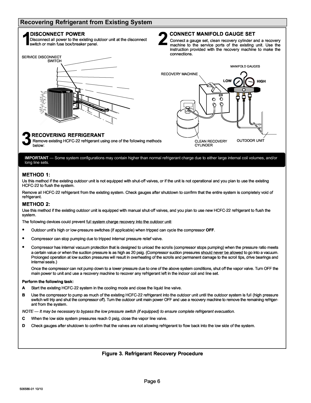 Lennox International Inc 506586-01 installation instructions Recovering Refrigerant from Existing System, long line sets 
