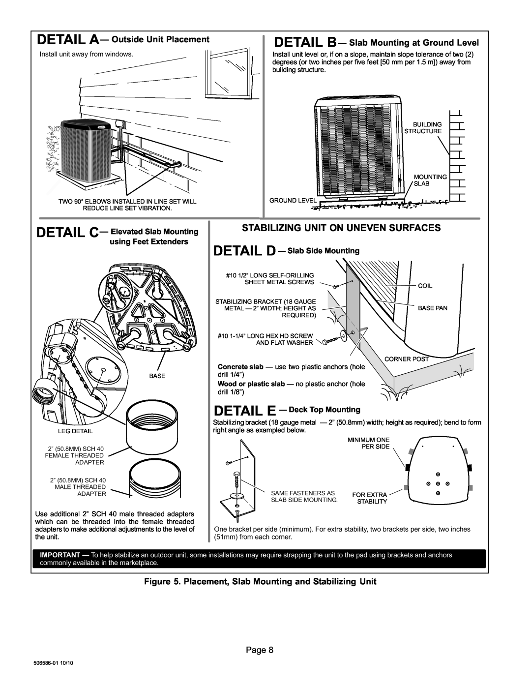 Lennox International Inc 506586-01 Detail B, Stabilizing Unit On Uneven Surfaces, DETAIL D Slab Side Mounting 