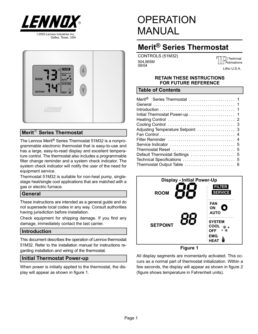 Lennox International Inc 51M32 operation manual MeritR Series Thermostat, Table of Contents, General, Introduction 