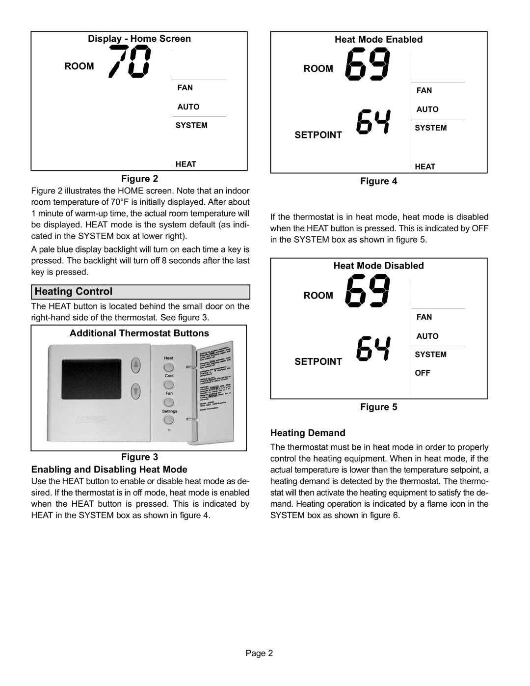 Lennox International Inc 51M32 Heating Control, Display − Home Screen, Heat Mode Enabled, Heat Mode Disabled 