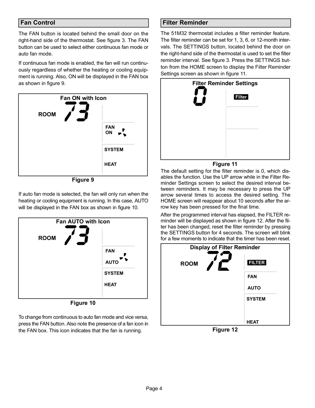 Lennox International Inc 51M32 operation manual Fan Control, Filter Reminder 