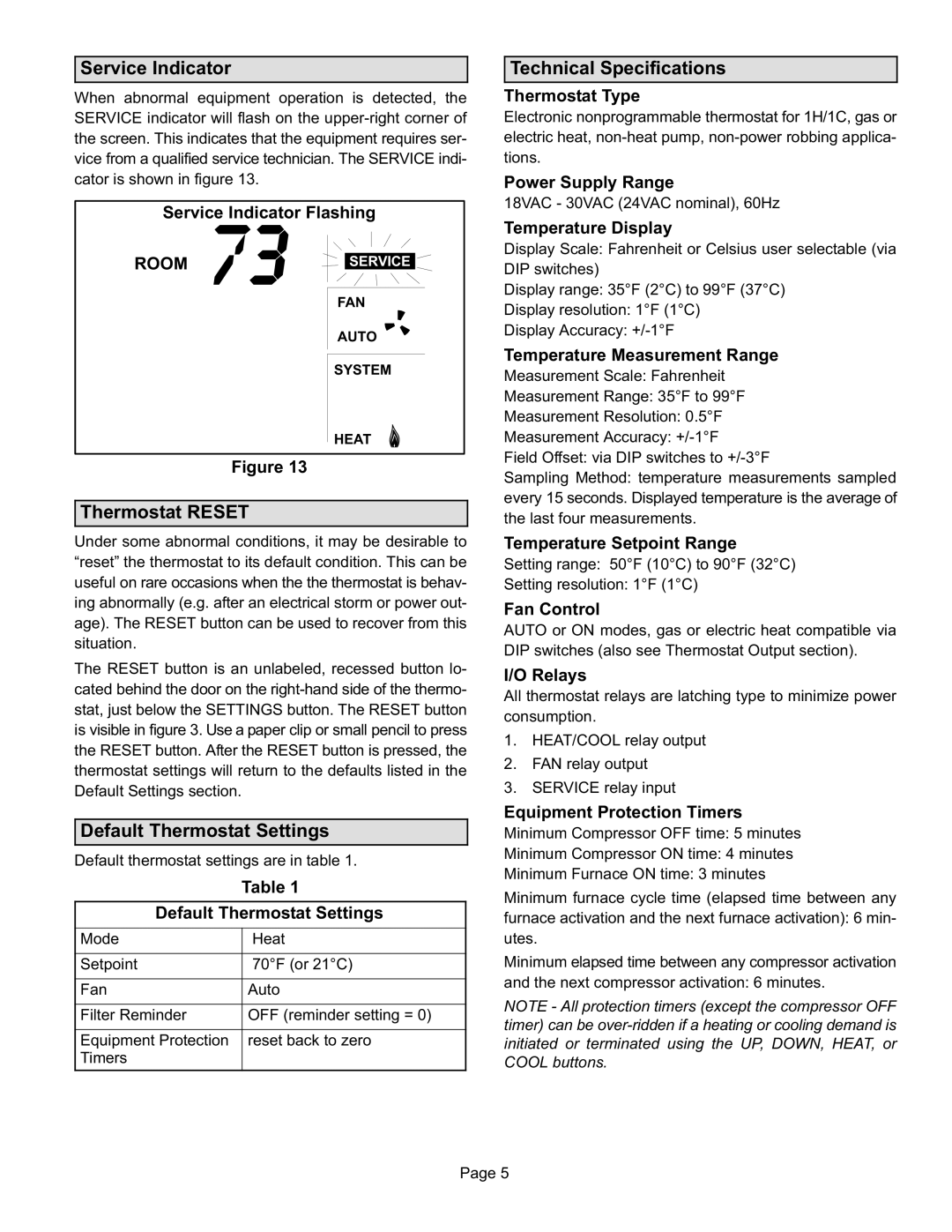 Lennox International Inc 51M32 Service Indicator, Thermostat Reset, Default Thermostat Settings, Technical Specifications 