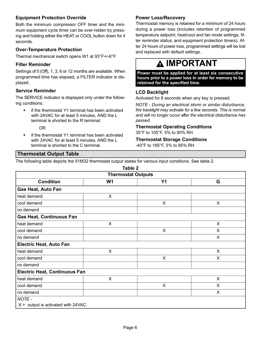 Lennox International Inc 51M32 operation manual Thermostat Output Table 