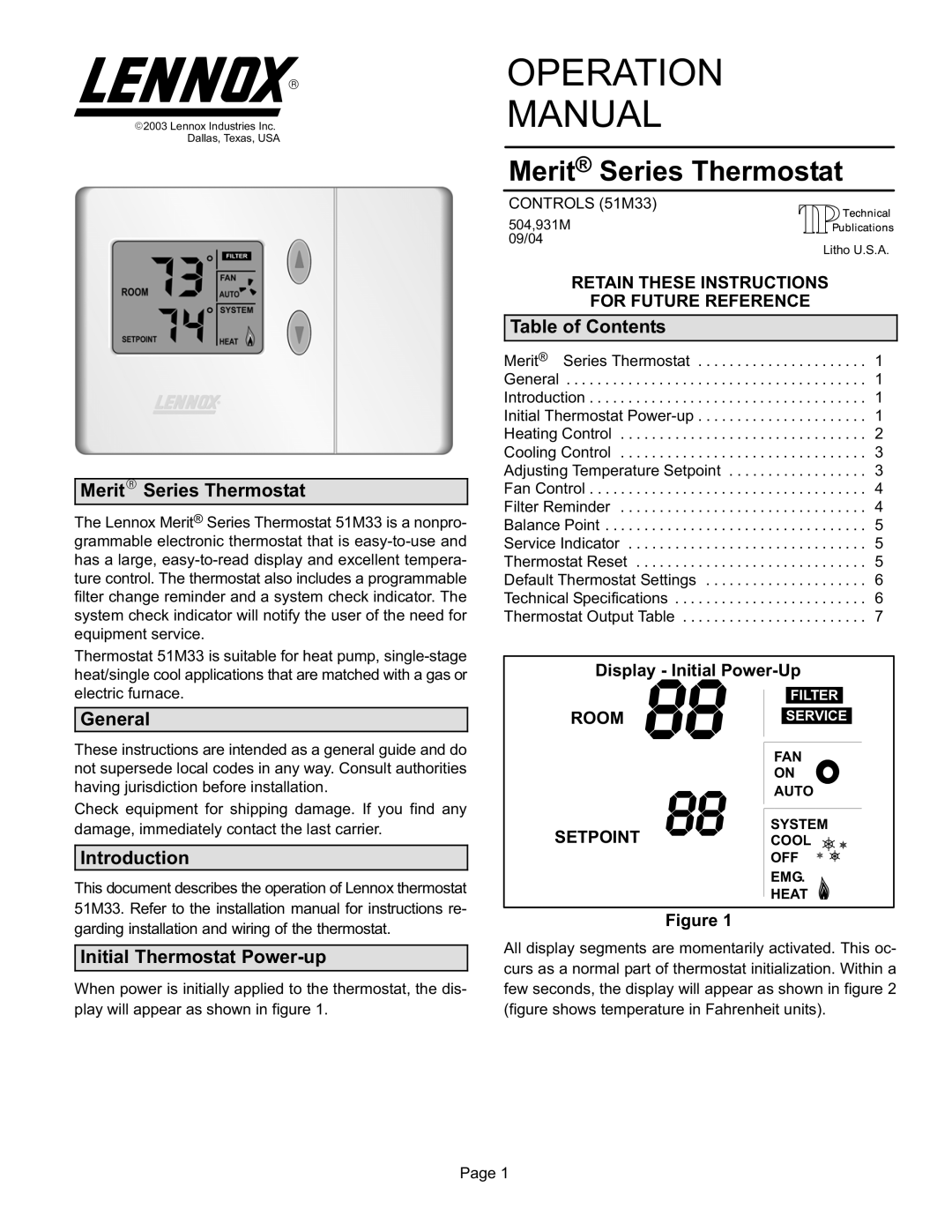 Lennox International Inc 51M32 operation manual Controls 51M33 