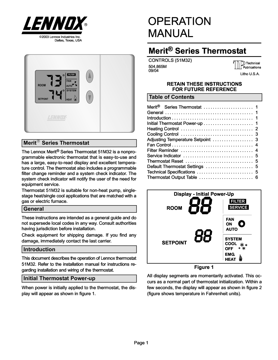 Lennox International Inc 51M32 operation manual Merit Series Thermostat, MeritR Series Thermostat, Table of Contents 