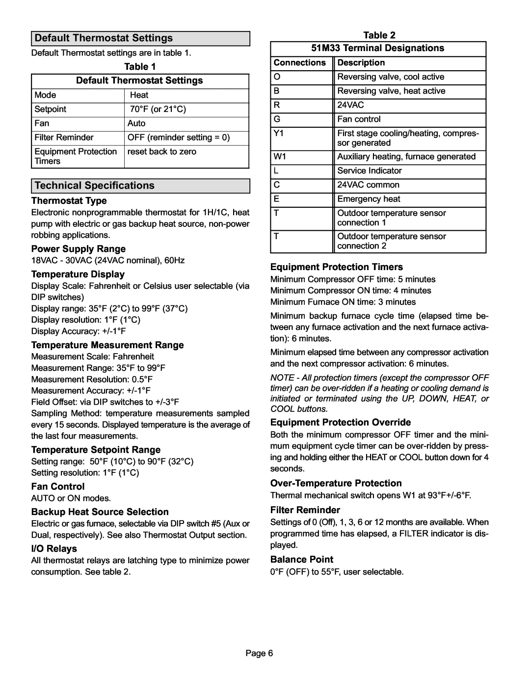 Lennox International Inc 51M32 operation manual Technical Specifications, Table Default Thermostat Settings 