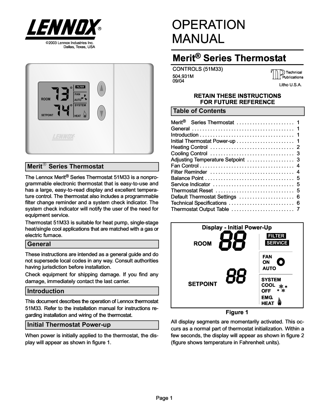 Lennox International Inc 51M32 Merit Series Thermostat, MeritR Series Thermostat, Table of Contents, General, Introduction 