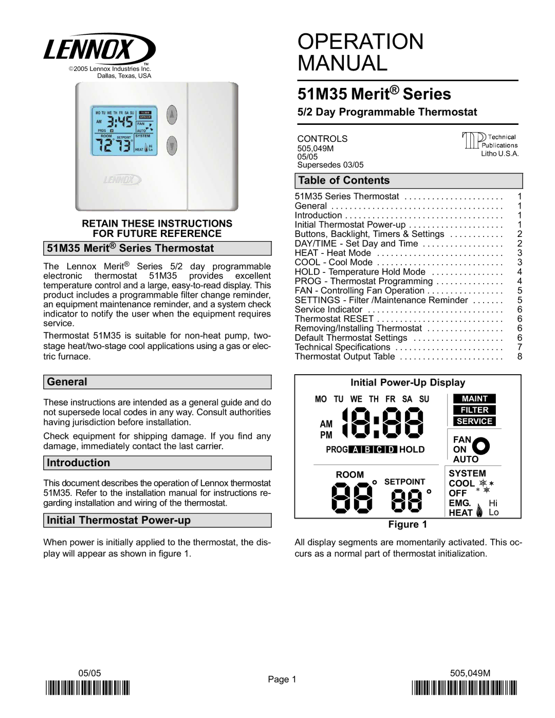 Lennox International Inc 51M37 operation manual 51M35 Merit Series Thermostat 