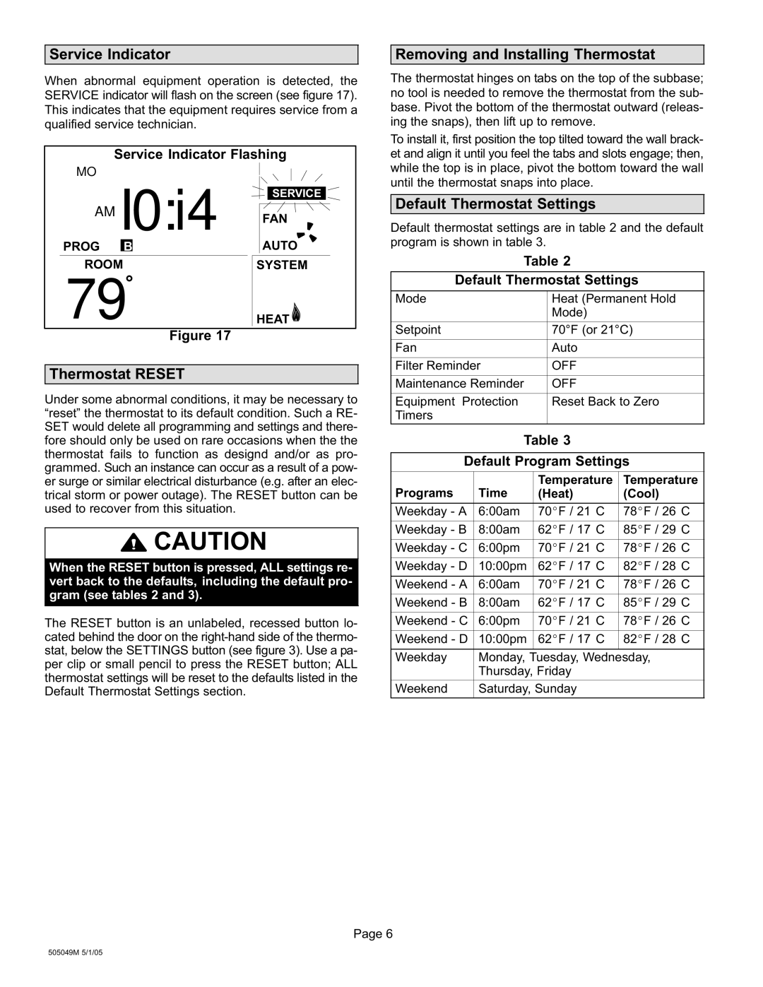 Lennox International Inc 51M37 operation manual I0i4, Removing and Installing Thermostat 