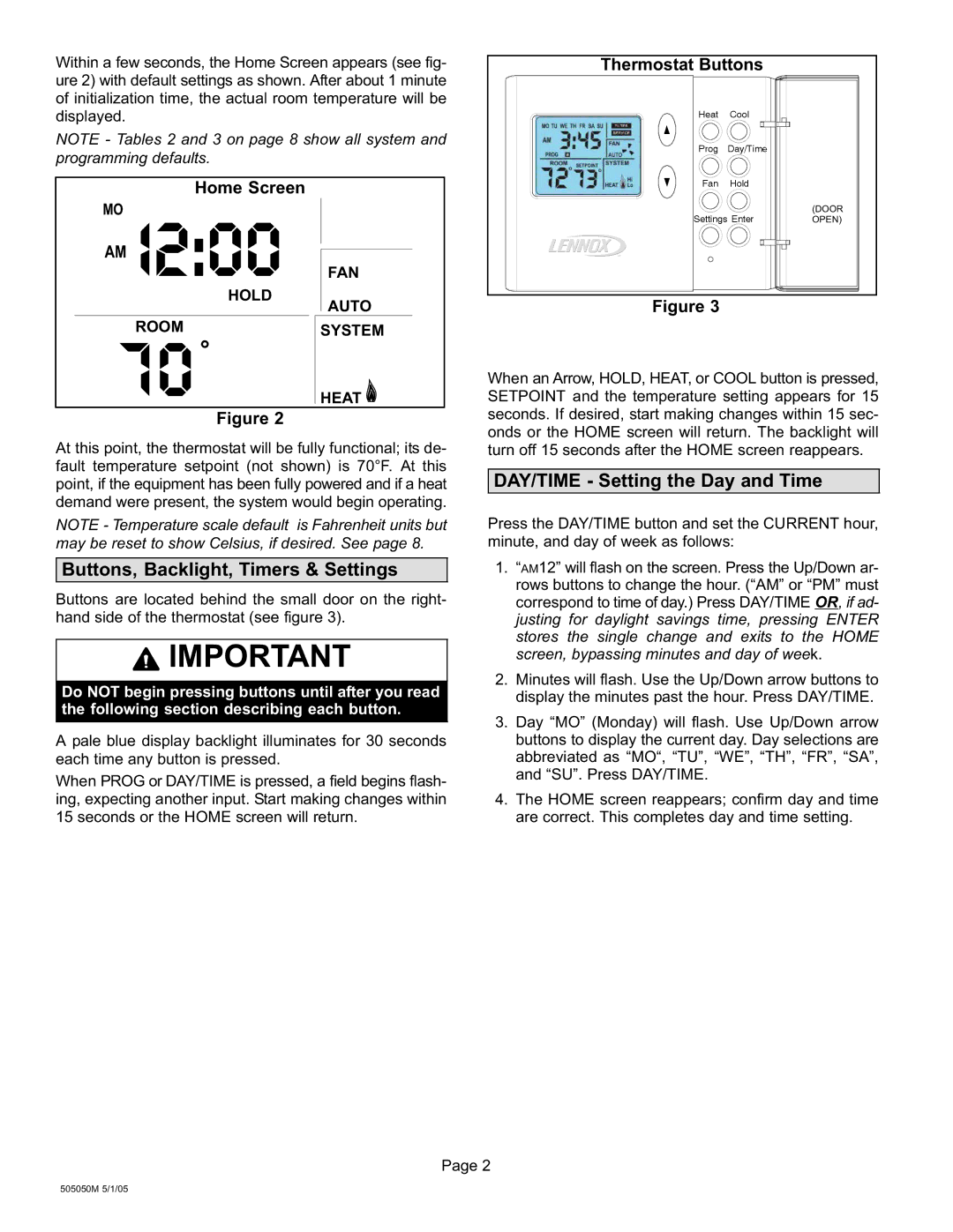 Lennox International Inc 51M37 Buttons, Backlight, Timers & Settings, DAY/TIME − Setting the Day and Time, Home Screen 