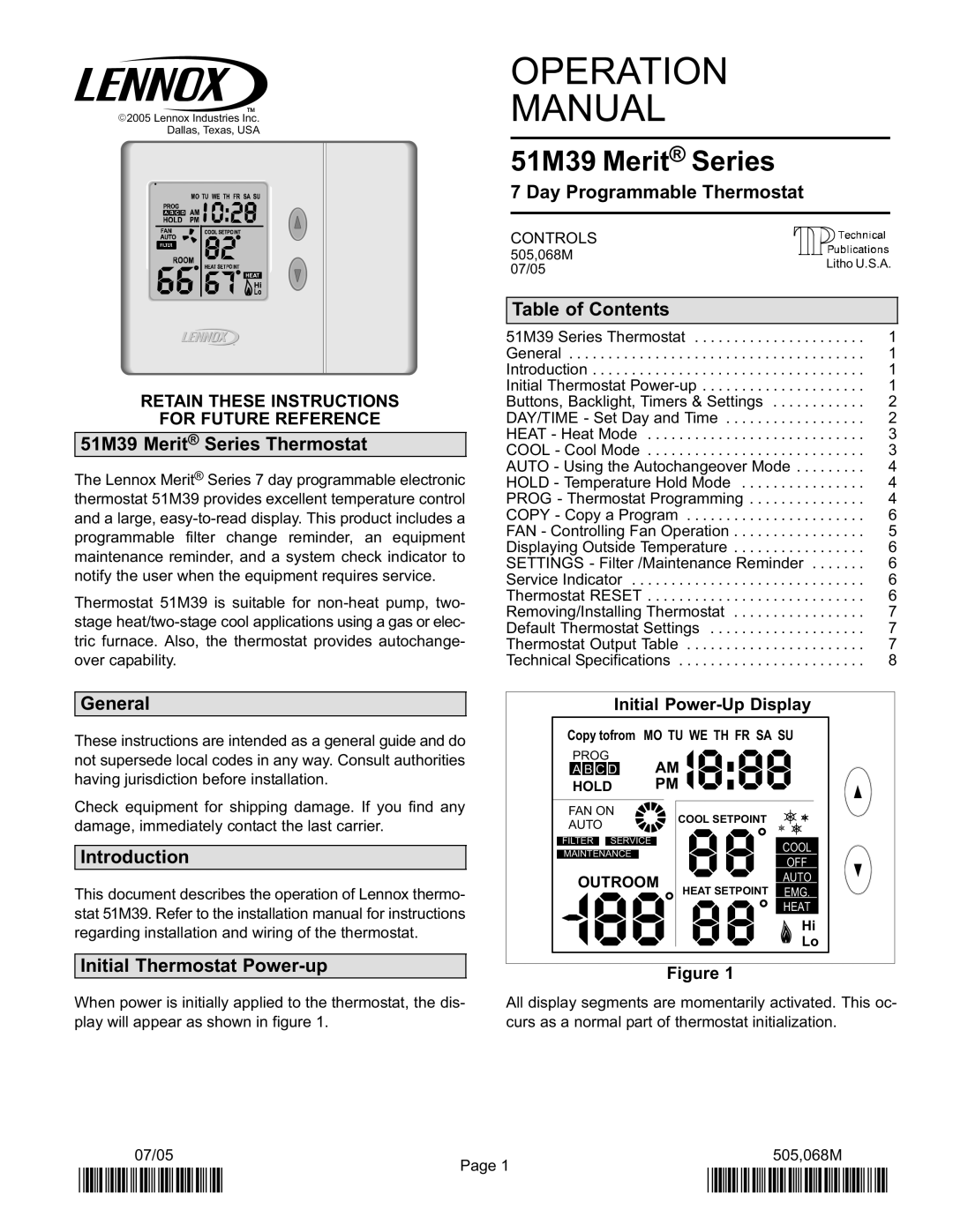 Lennox International Inc 51M37 operation manual 51M39 Merit Series Thermostat 