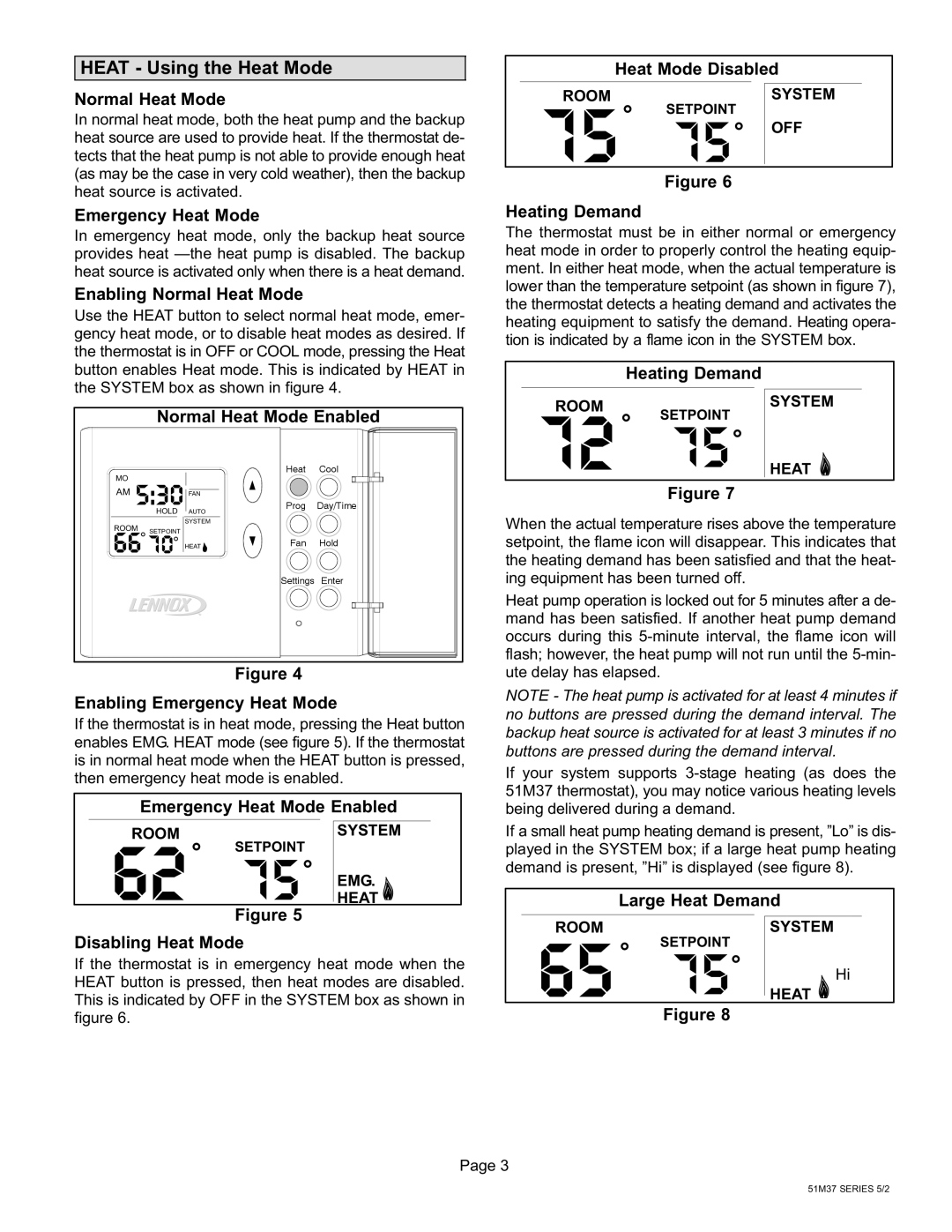 Lennox International Inc 51M37 operation manual Fan, Heat − Using the Heat Mode 