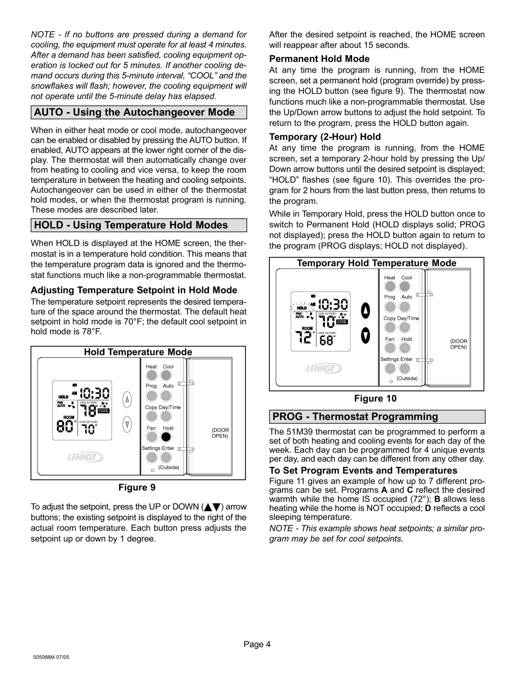 Lennox International Inc 51M37 operation manual Auto − Using the Autochangeover Mode, Hold − Using Temperature Hold Modes 