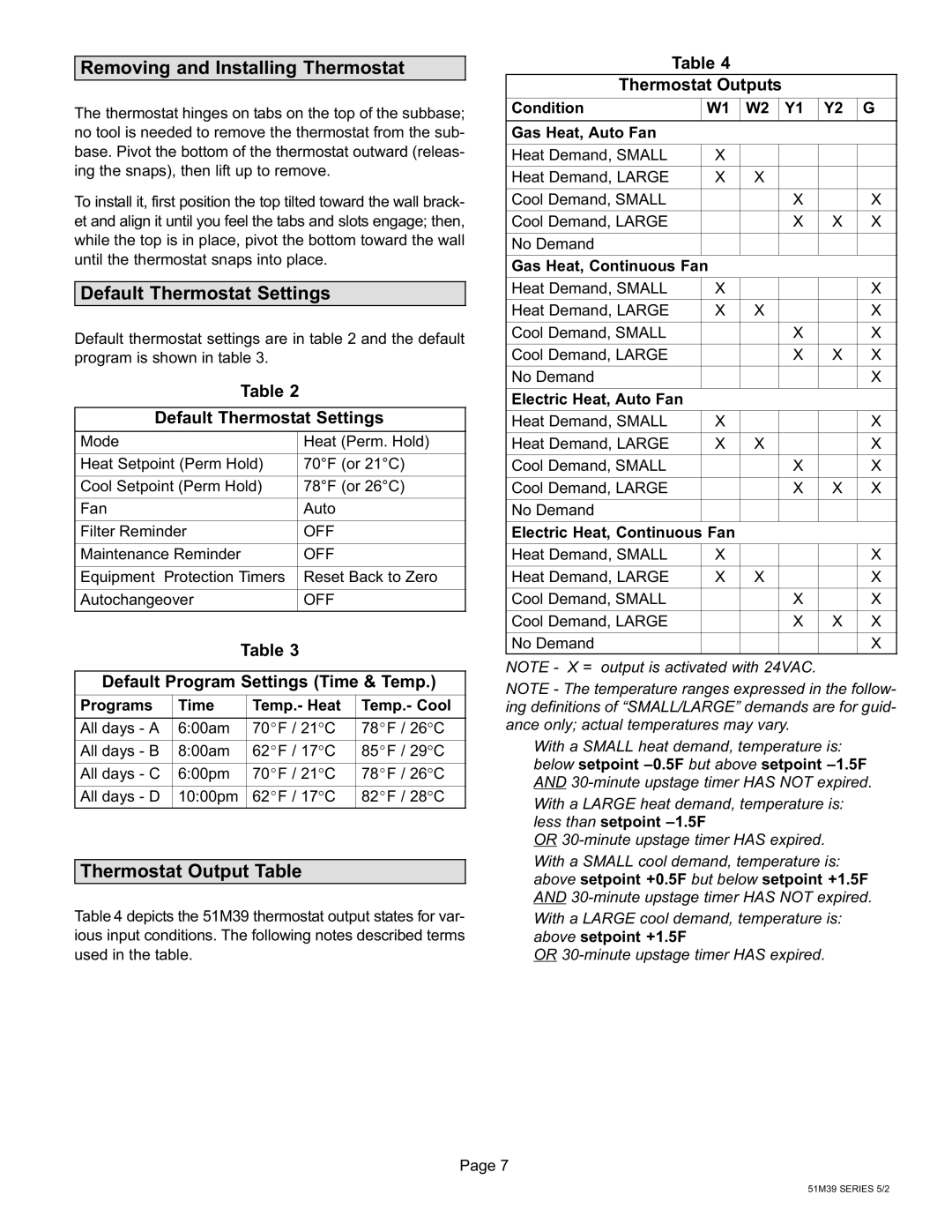 Lennox International Inc 51M37 operation manual Removing and Installing Thermostat, Default Program Settings Time & Temp 