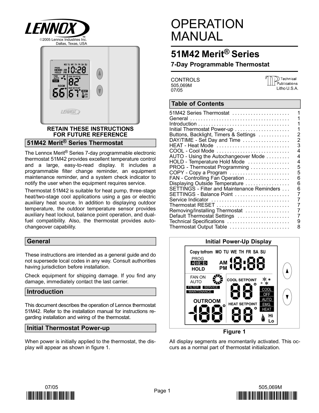 Lennox International Inc 51M37 operation manual 51M42 Merit Series Thermostat, Day Programmable Thermostat 