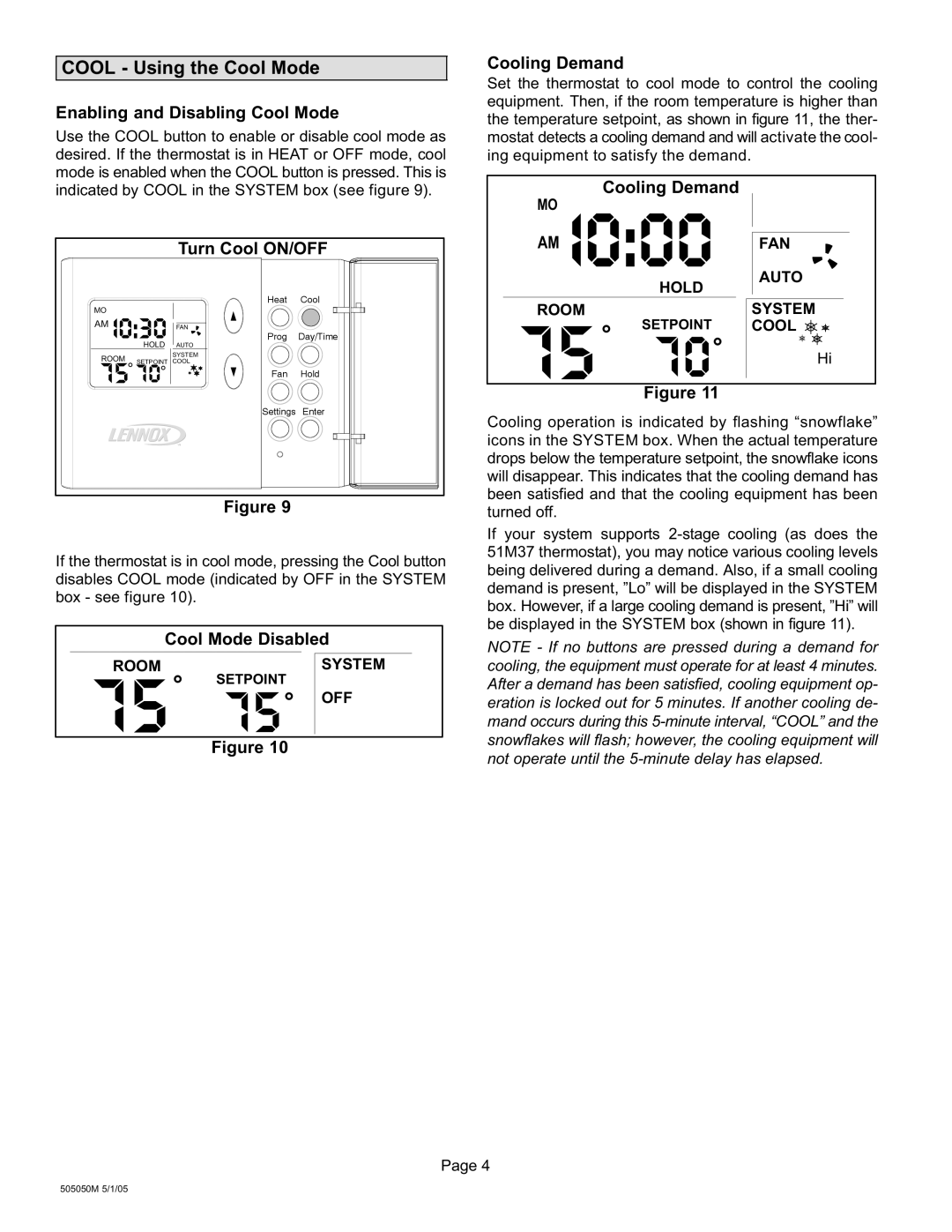 Lennox International Inc 51M37 Cool − Using the Cool Mode, Enabling and Disabling Cool Mode, Turn Cool ON/OFF 