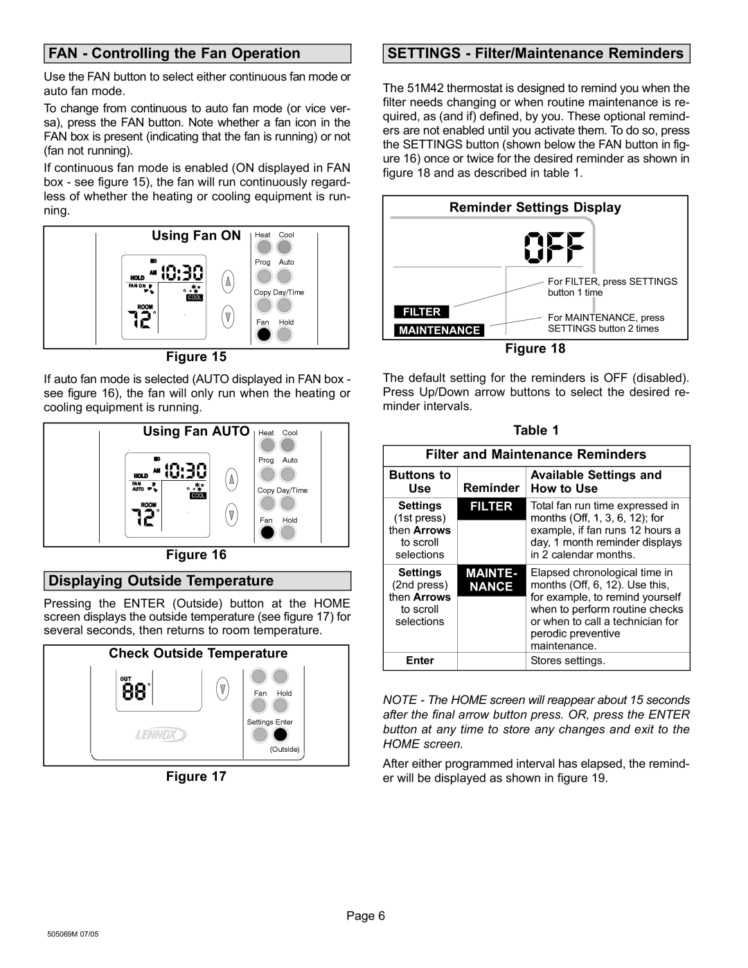 Lennox International Inc 51M37 operation manual FAN − Controlling the Fan Operation, Reminder Settings Display Using Fan on 