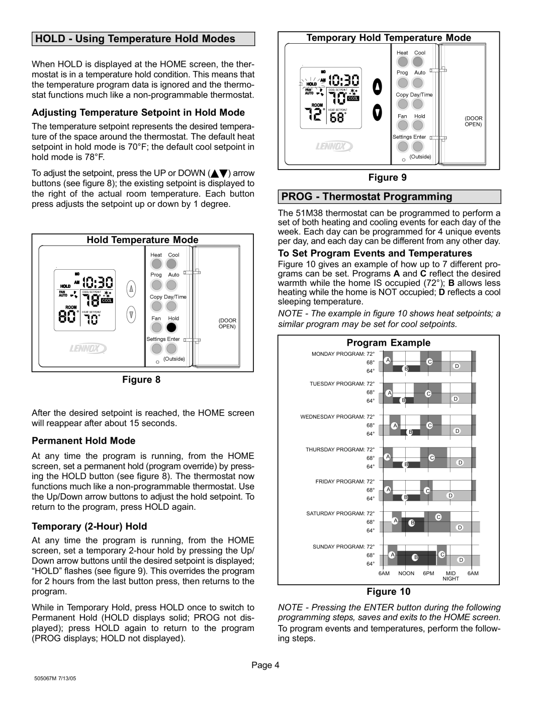 Lennox International Inc 51M37 operation manual Hold − Using Temperature Hold Modes 