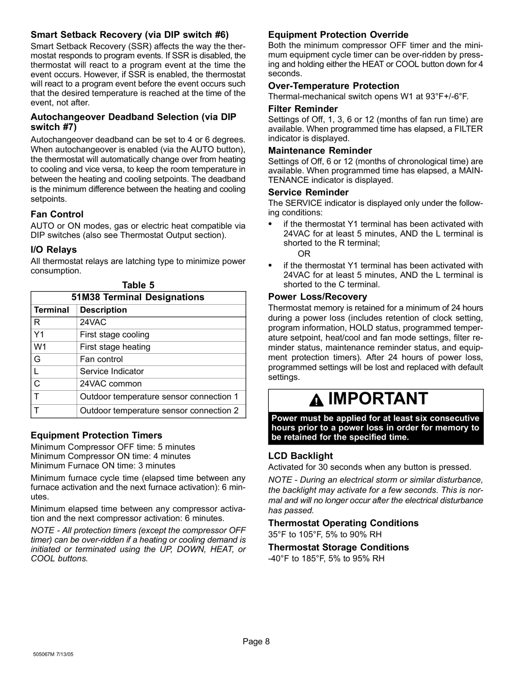 Lennox International Inc 51M37 operation manual Smart Setback Recovery via DIP switch #6, 51M38 Terminal Designations 