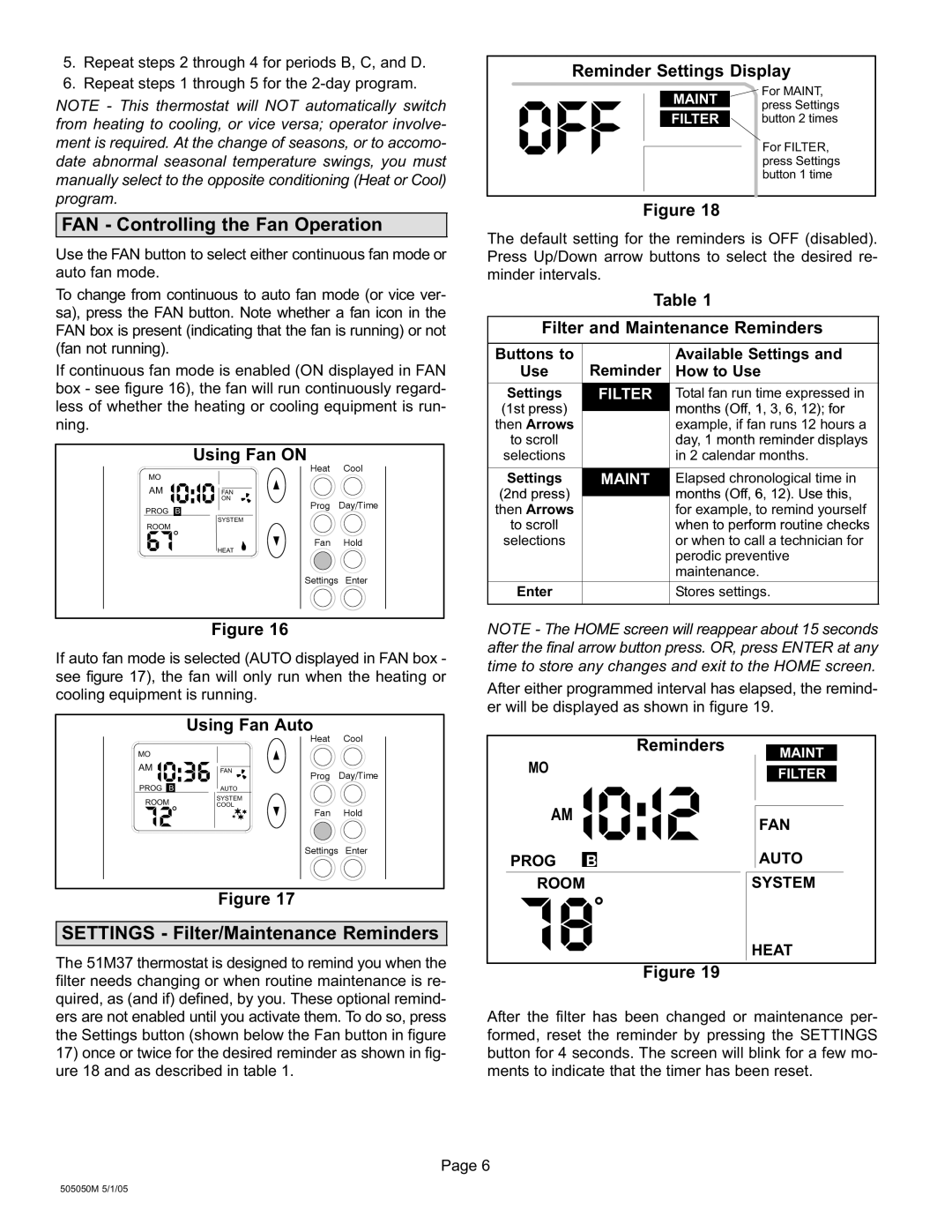 Lennox International Inc 51M37 FAN − Controlling the Fan Operation, Settings − Filter/Maintenance Reminders 