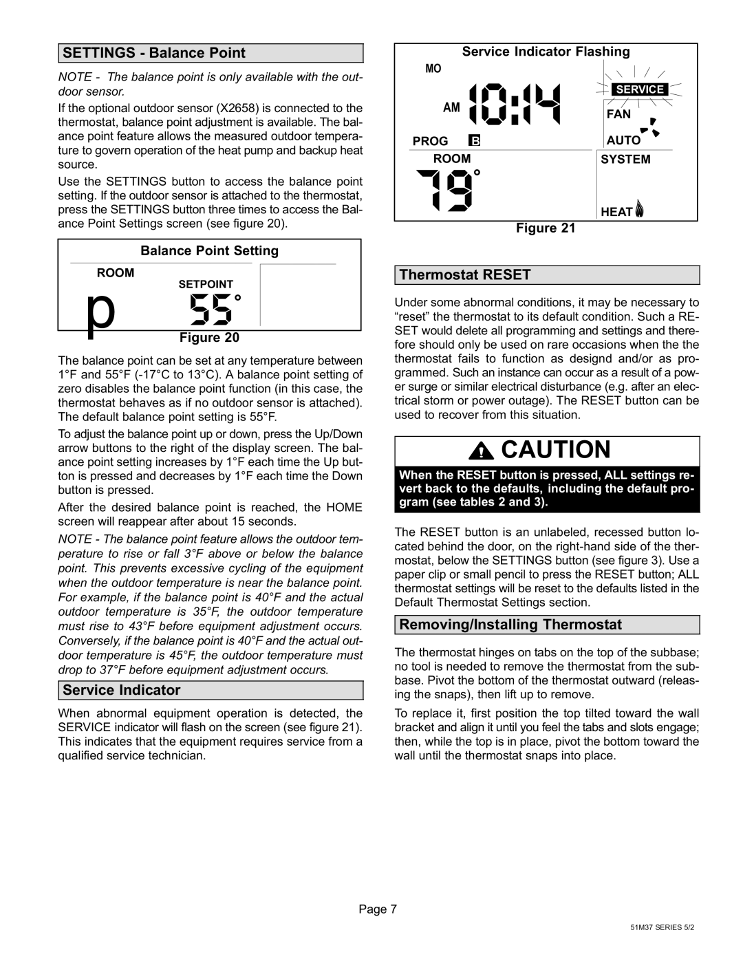 Lennox International Inc 51M37 Settings − Balance Point, Service Indicator, Thermostat Reset, Balance Point Setting 