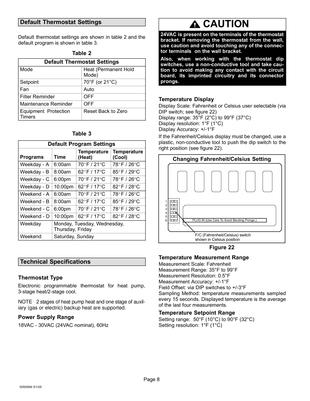 Lennox International Inc 51M37 operation manual Default Thermostat Settings, Technical Specifications 