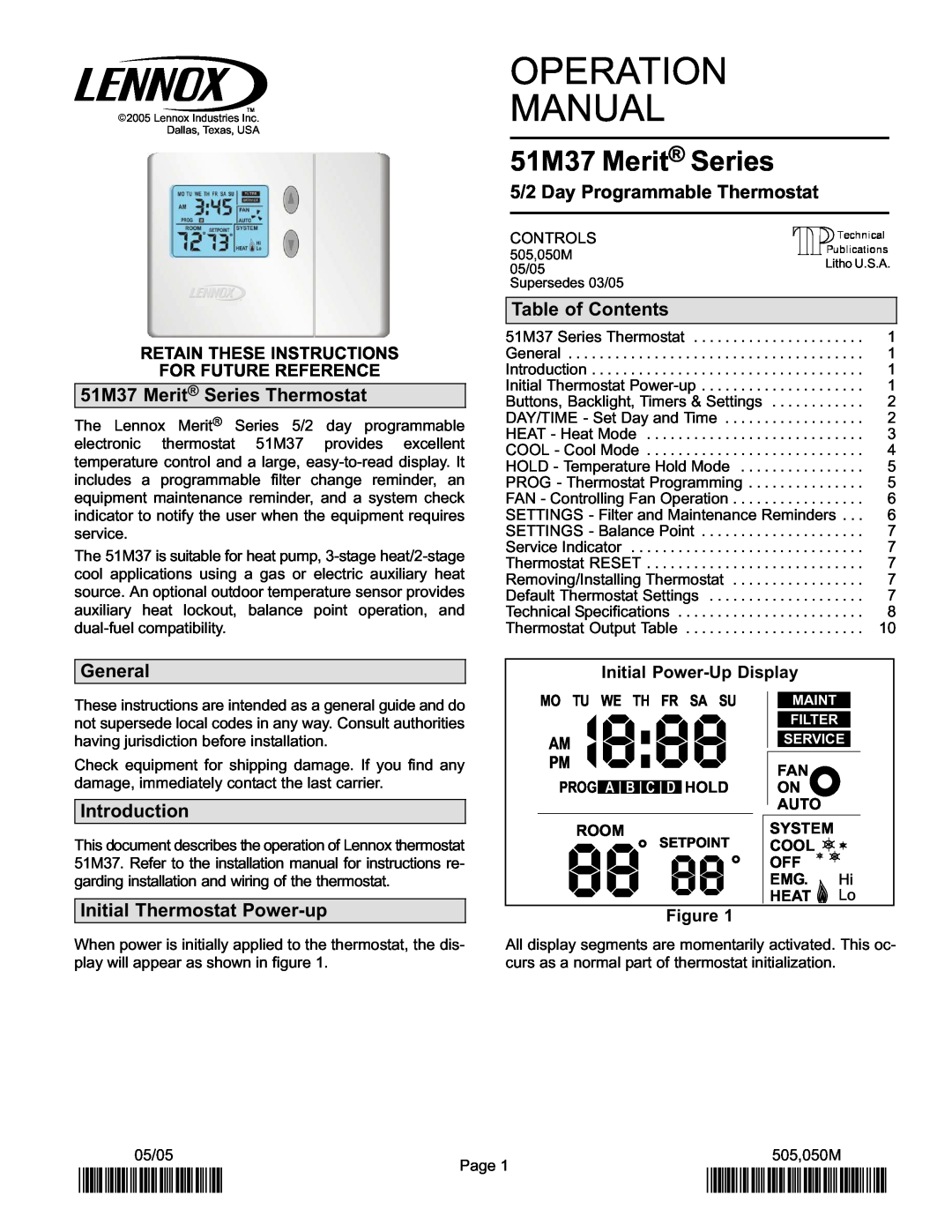 Lennox International Inc operation manual I8, 2P0505, P505050M, 51M37 Merit Series Thermostat, General 