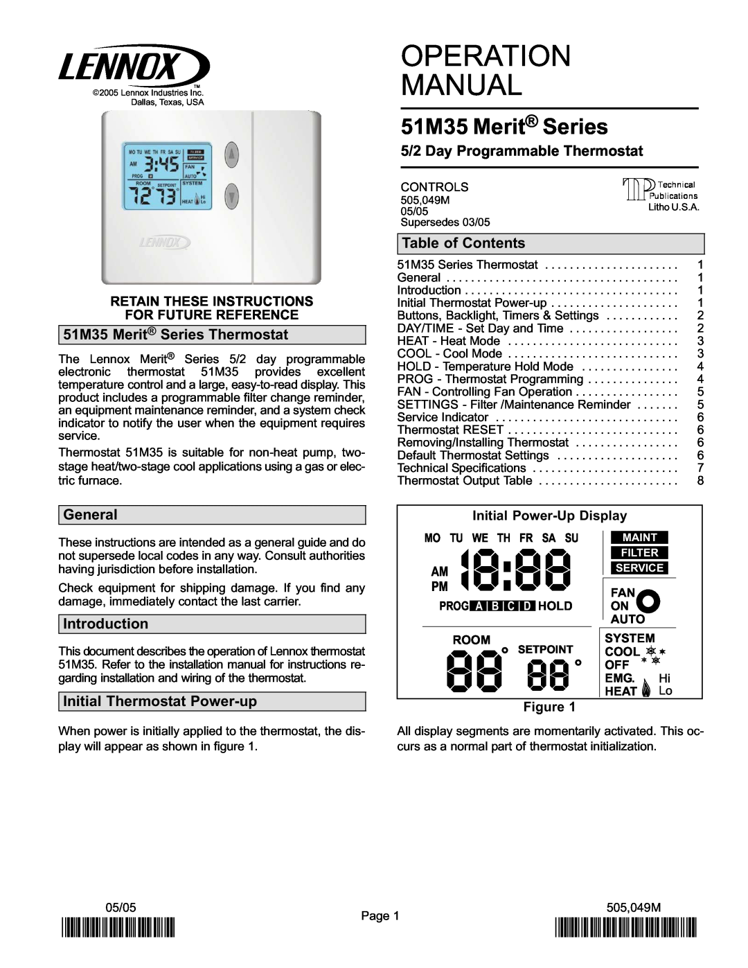 Lennox International Inc 51M37 P505049M, 51M35 Merit Series Thermostat, I8, 2P0505, General, Introduction 