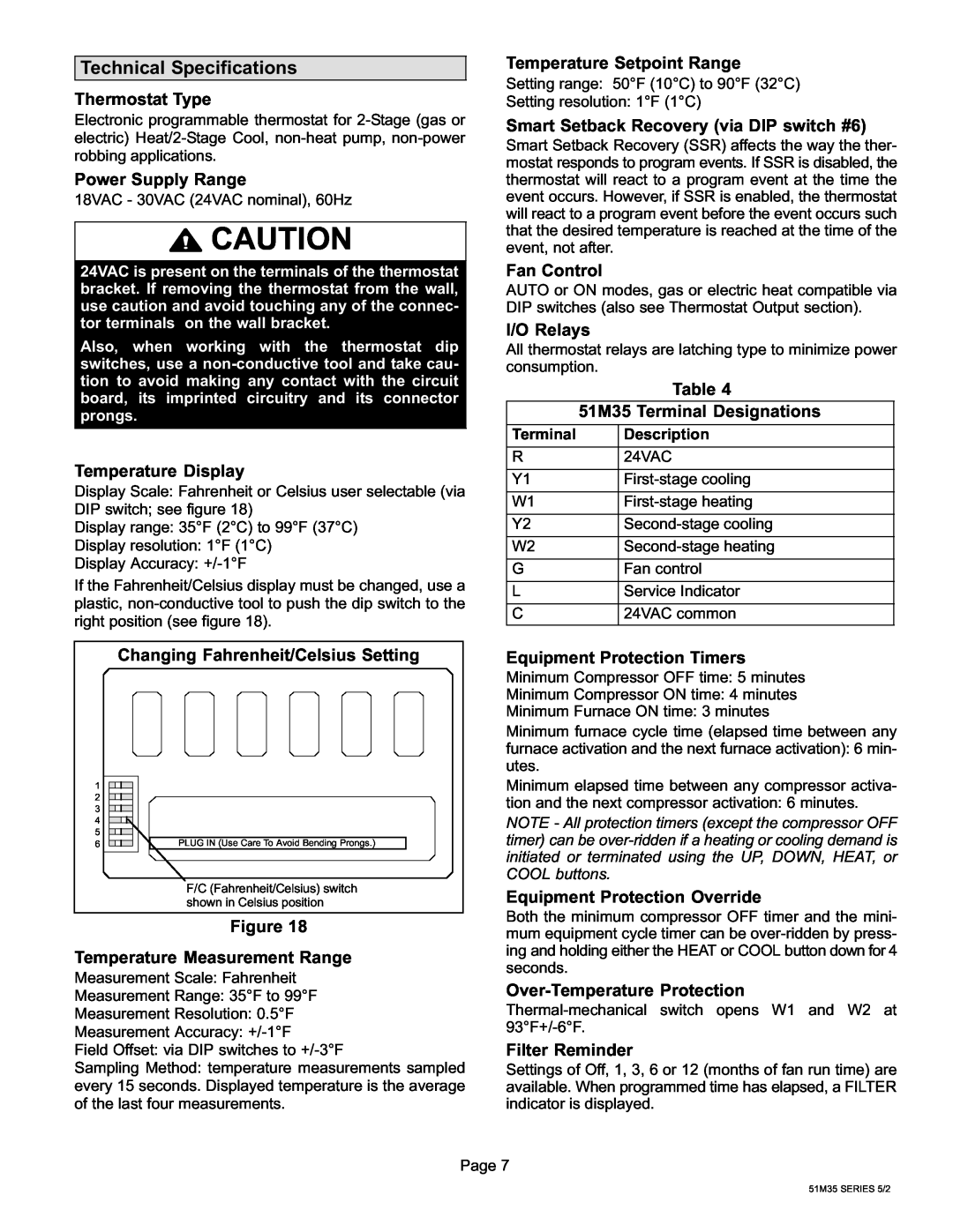 Lennox International Inc 51M37 operation manual Technical Specifications, Thermostat Type 
