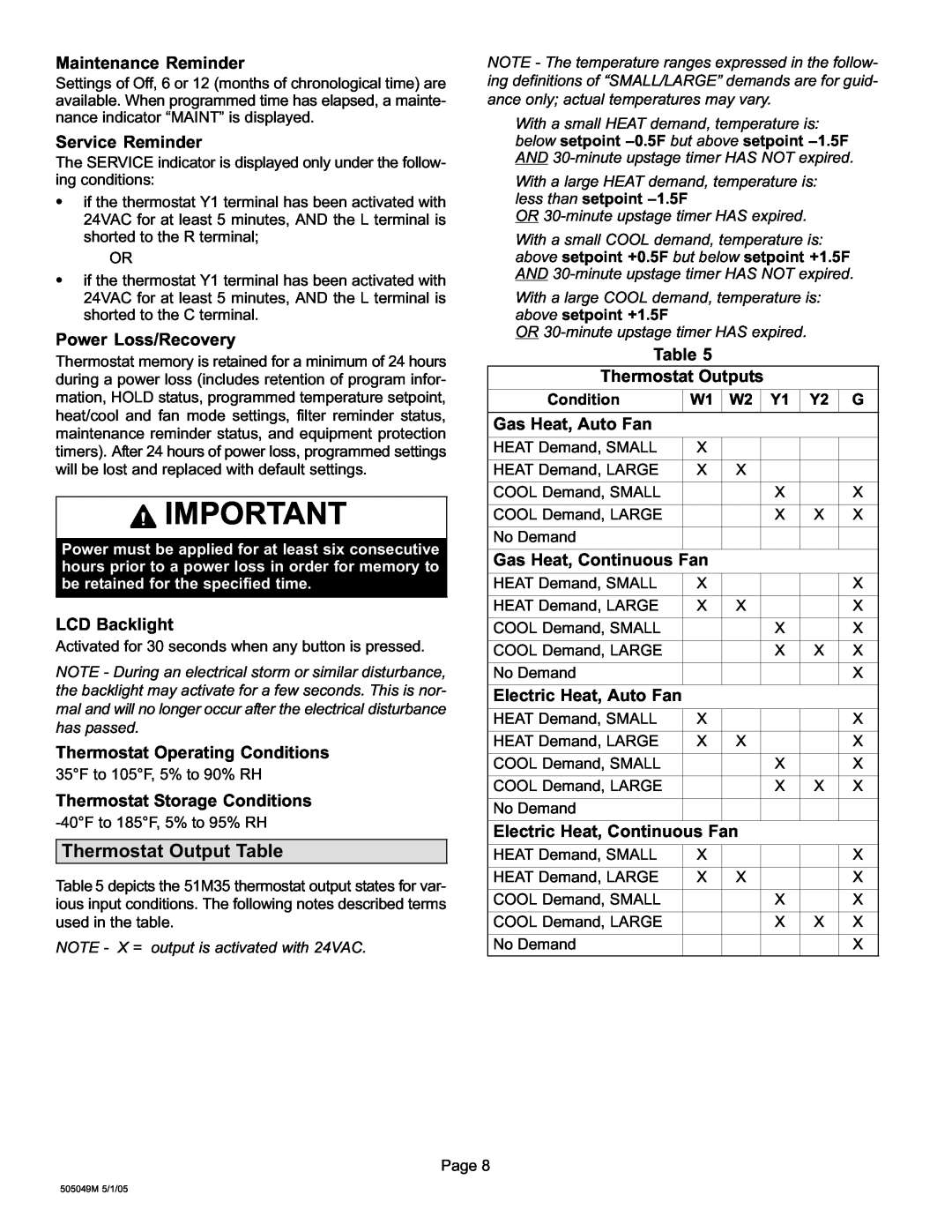 Lennox International Inc 51M37 operation manual Thermostat Output Table, Maintenance Reminder 