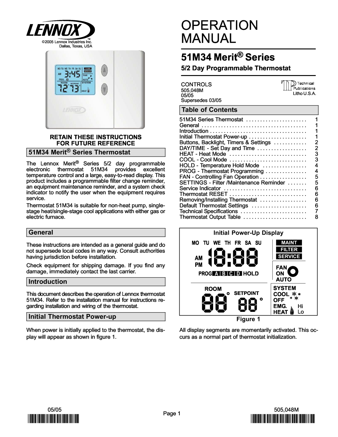 Lennox International Inc 51M37 P505048M, 51M34 Merit Series Thermostat, I8, 2P0505, General, Introduction 