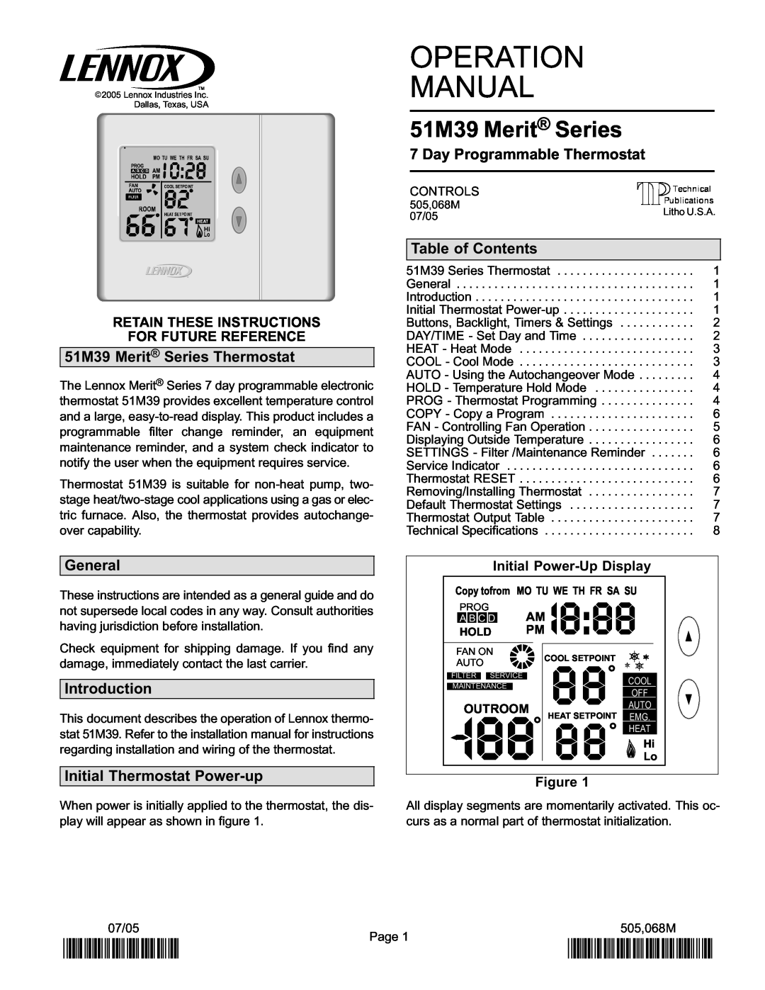 Lennox International Inc 51M37 Pm, 2P0705, P505068M, 51M39 Merit Series Thermostat, Day Programmable Thermostat 