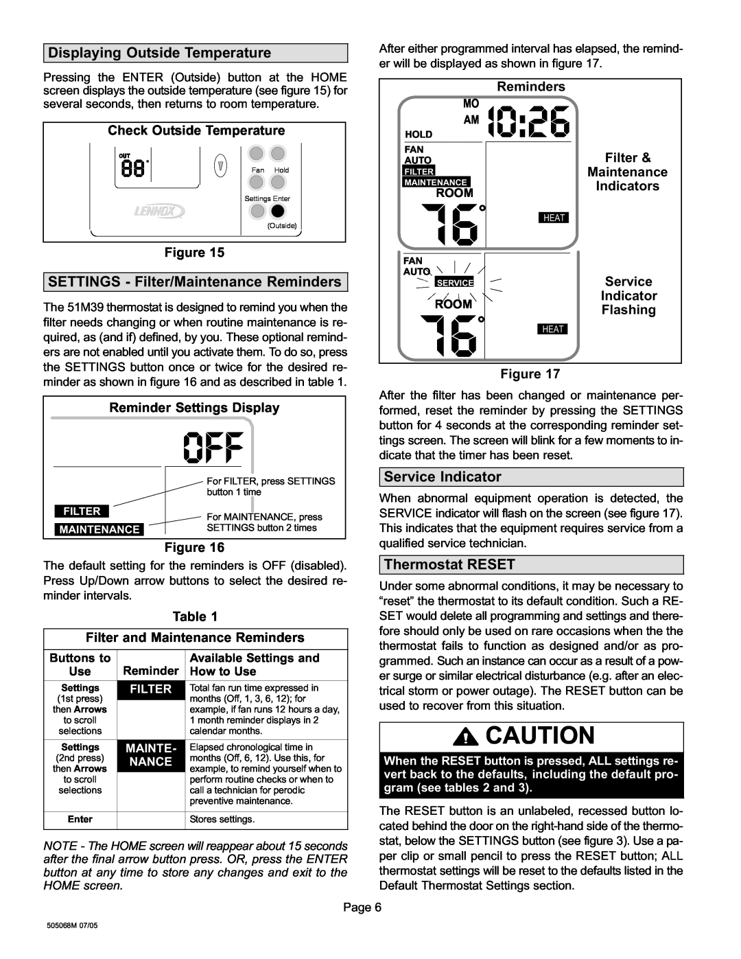 Lennox International Inc 51M37 operation manual Displaying Outside Temperature, I0, SETTINGS − Filter/Maintenance Reminders 
