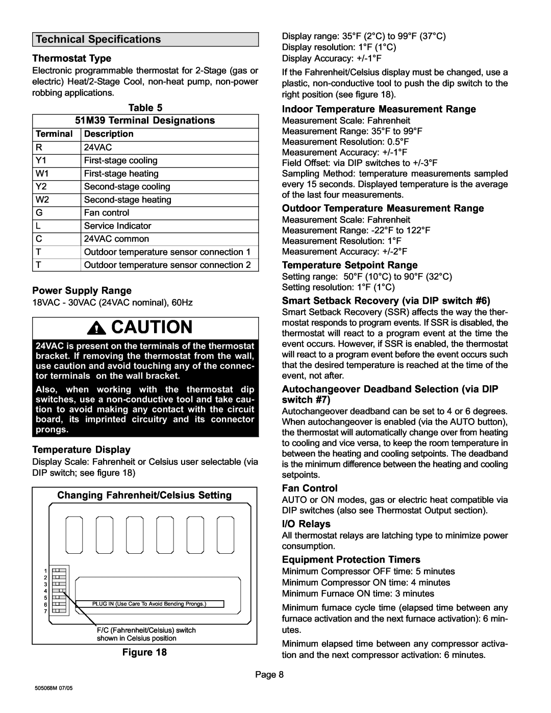 Lennox International Inc 51M37 operation manual Technical Specifications, Thermostat Type 
