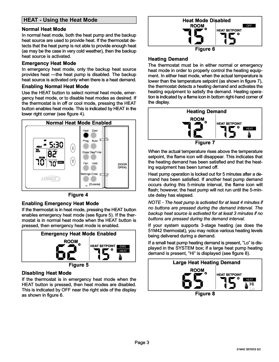 Lennox International Inc 51M37 operation manual HEAT − Using the Heat Mode, Normal Heat Mode 