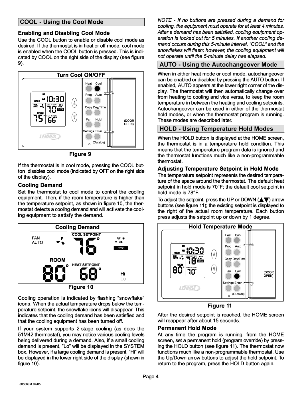 Lennox International Inc 51M37 operation manual i0, COOL − Using the Cool Mode, AUTO − Using the Autochangeover Mode 
