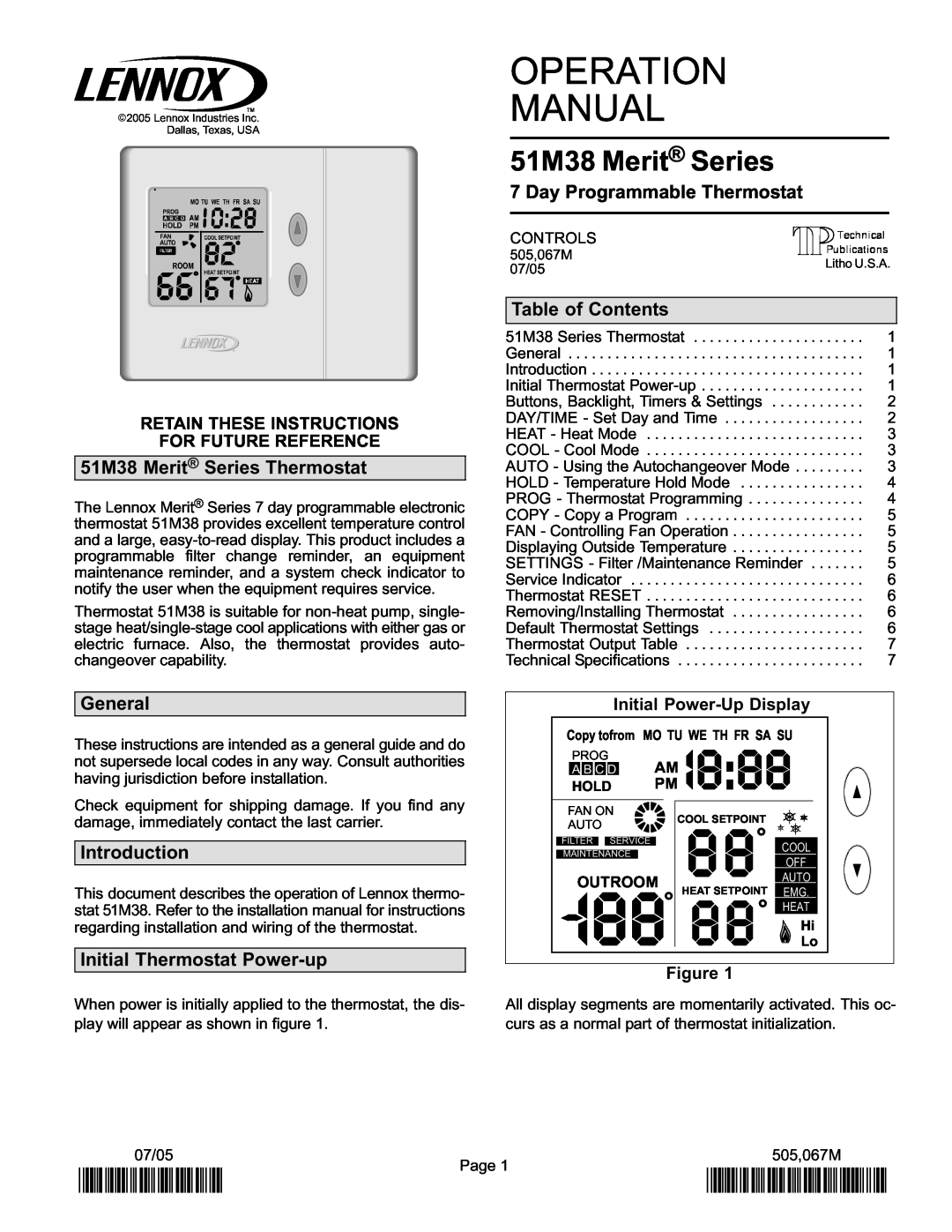 Lennox International Inc 51M37 P505067M, 51M38 Merit Series Thermostat, Pm, 2P0705, Day Programmable Thermostat 