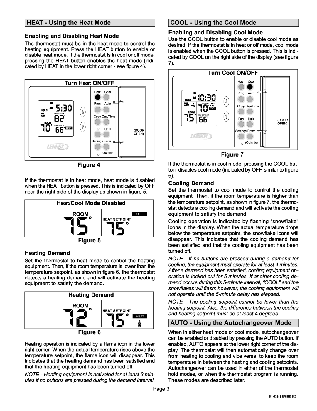 Lennox International Inc 51M37 operation manual i0, HEAT − Using the Heat Mode, COOL − Using the Cool Mode 