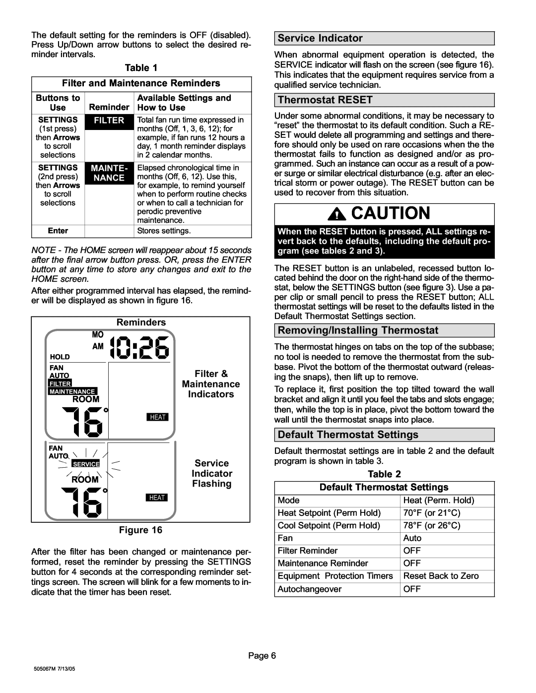 Lennox International Inc 51M37 I0, Service Indicator, Thermostat RESET, Removing/Installing Thermostat, Reminders 