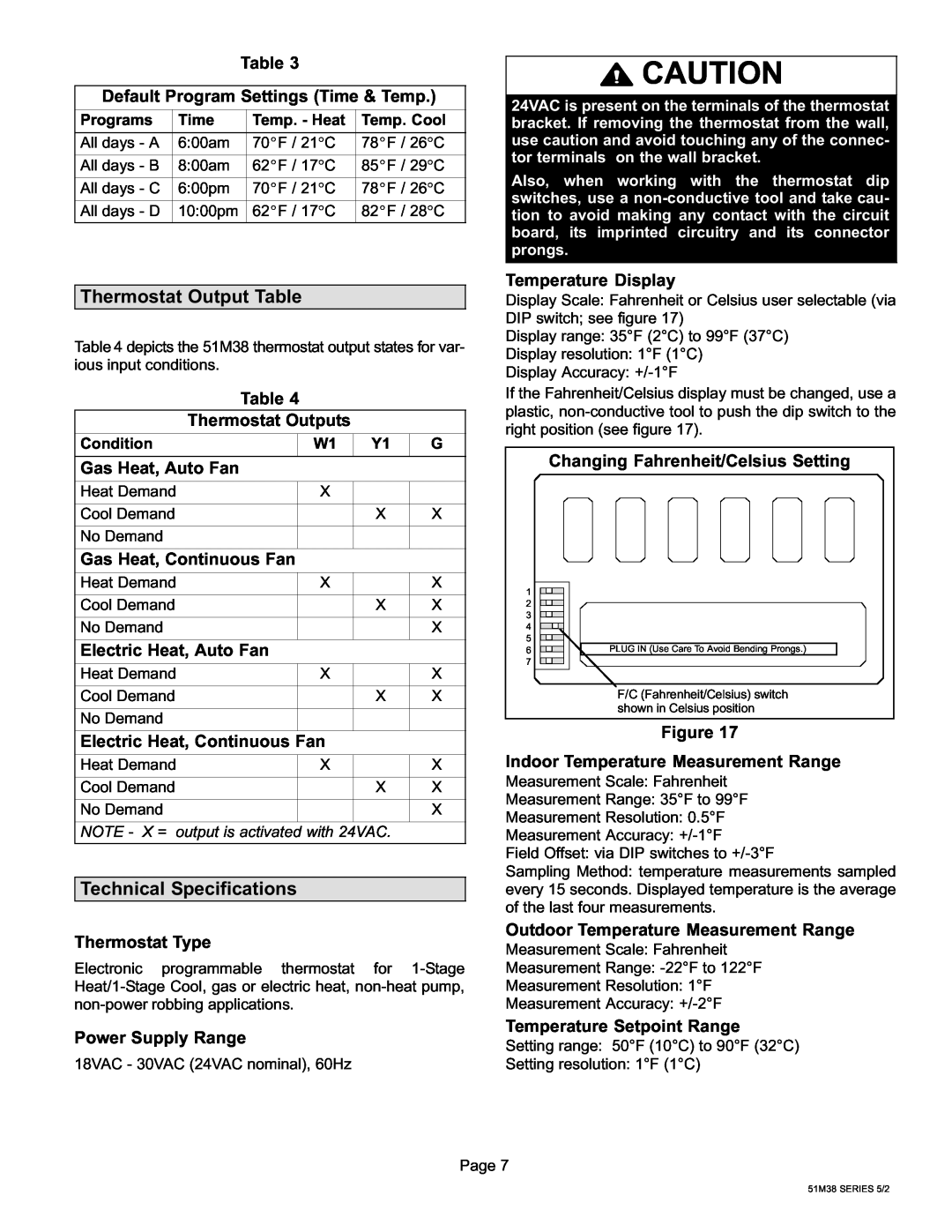 Lennox International Inc 51M37 operation manual Thermostat Output Table, Technical Specifications 