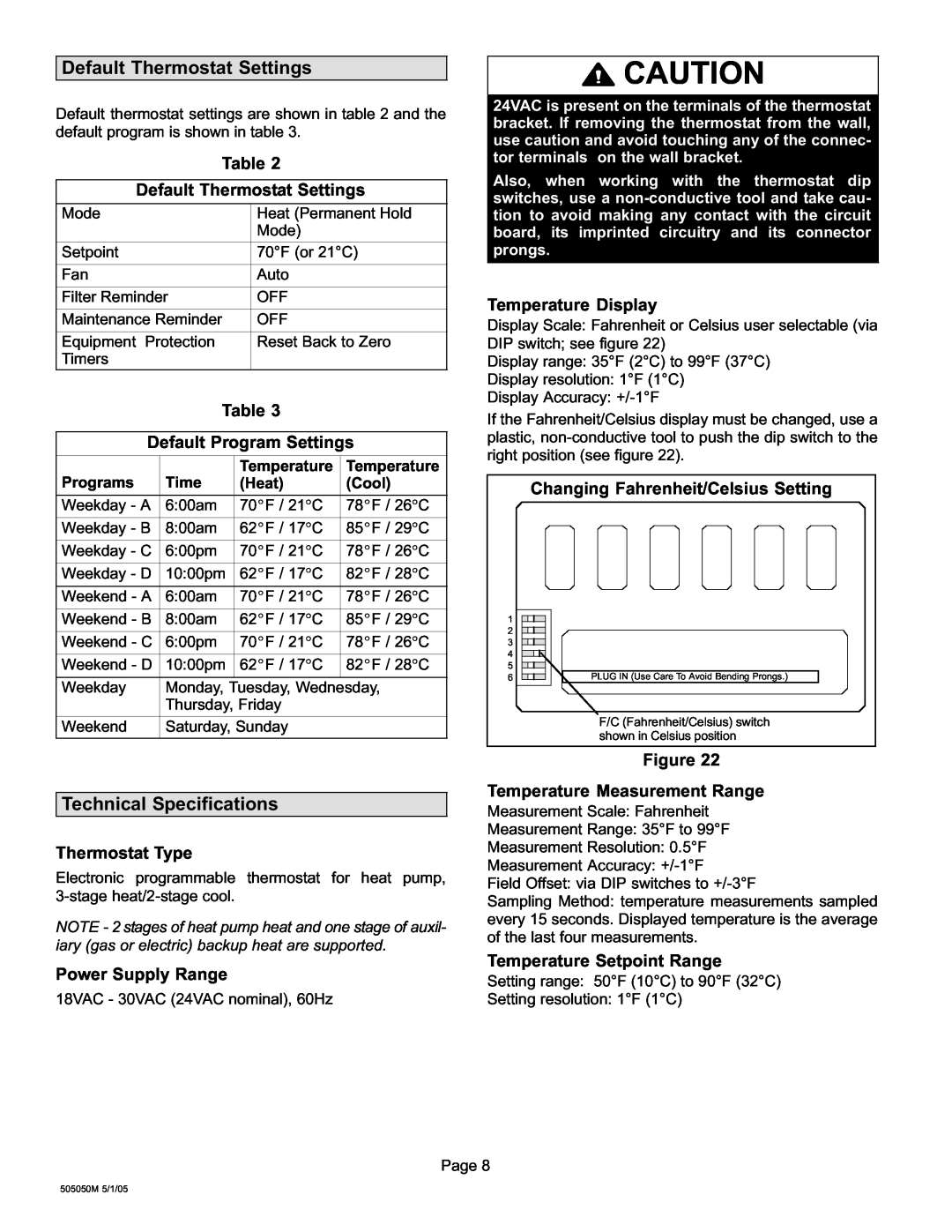 Lennox International Inc 51M37 Technical Specifications, Table Default Thermostat Settings, Thermostat Type 