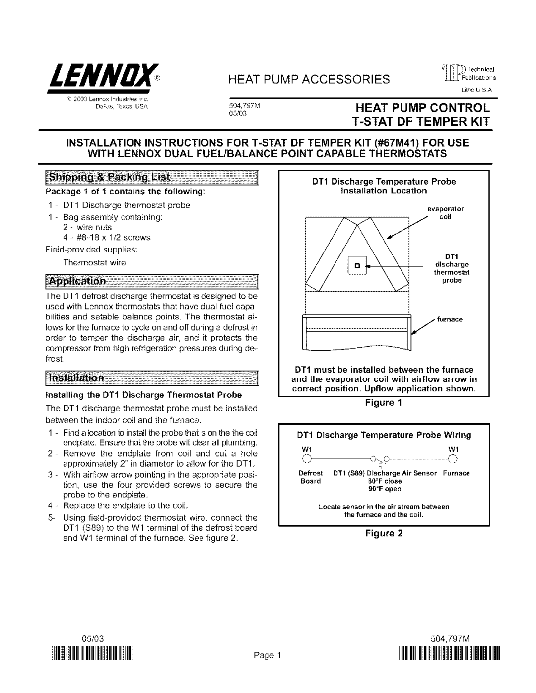 Lennox International Inc 67M41 installation instructions Heat Pump Control Stat DF Temper KIT 